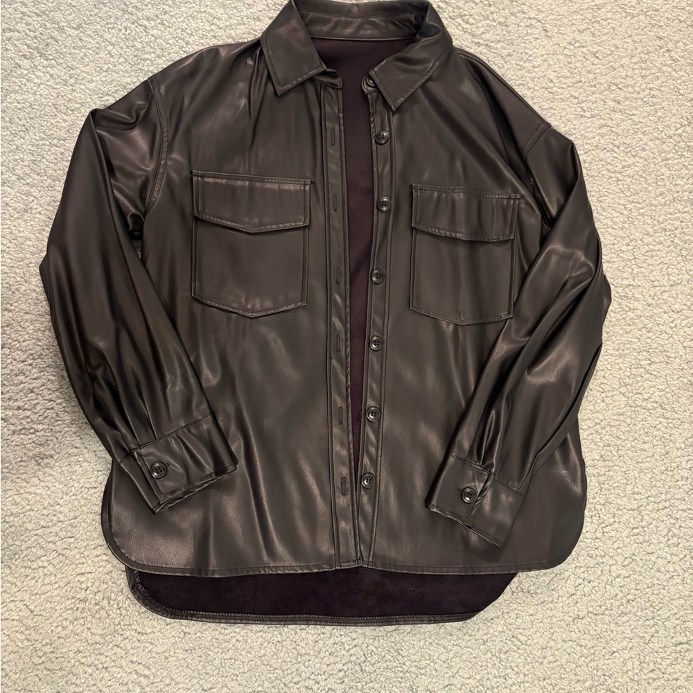 Women's Black Faux Leather Shirt Jacket